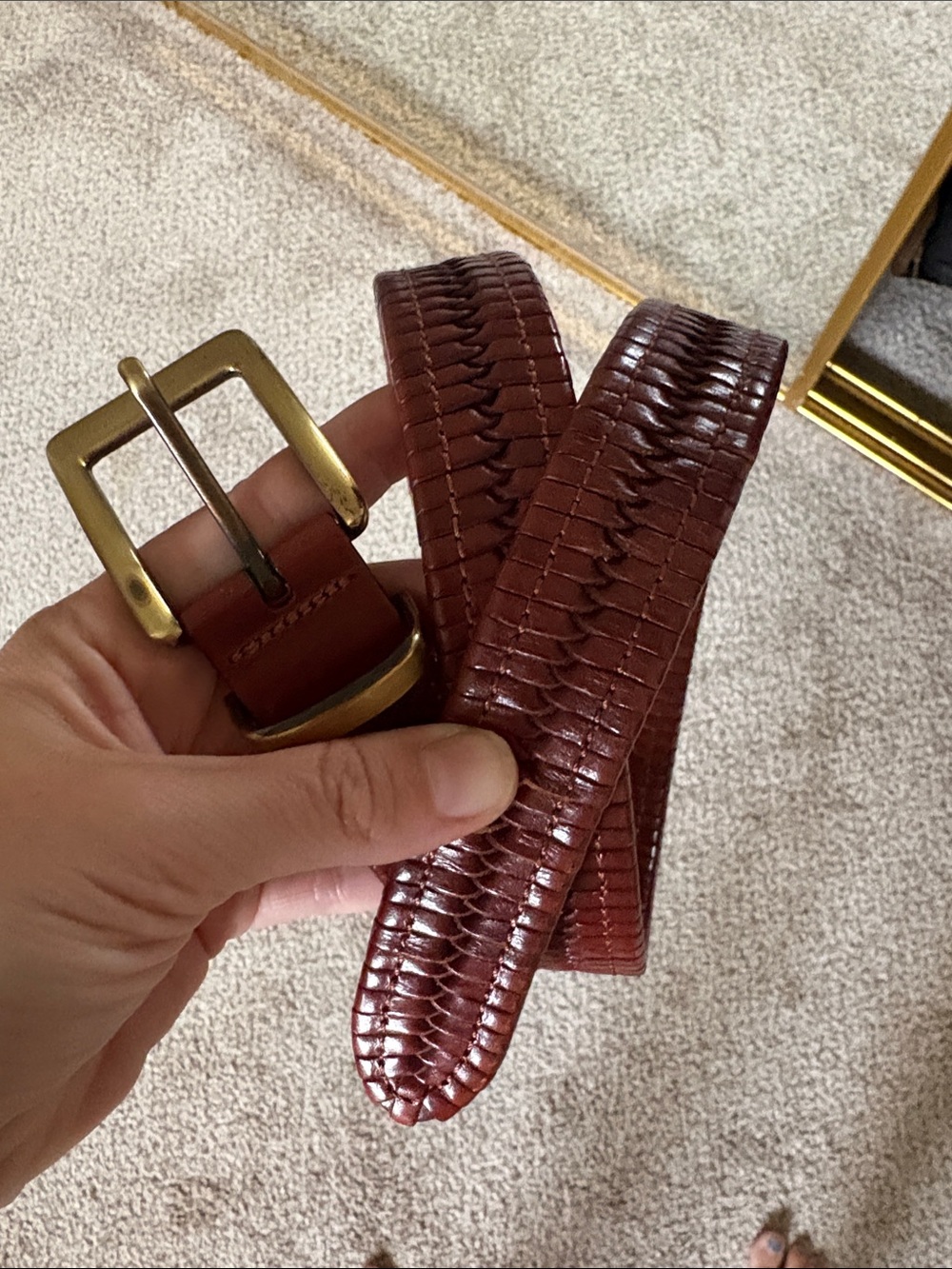 Tommy Bahama Brown Croc-Embossed Leather Belt with Brass Buckle